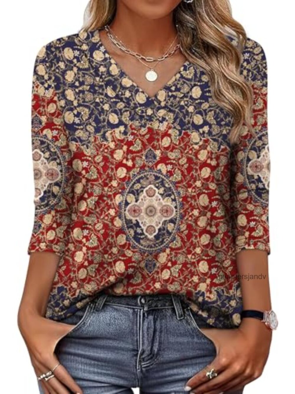 Women's V-Neck 3/4 Sleeve T-Shirt Loose Fit Casual Tunic Top